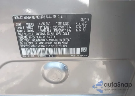 2019 Honda Hr-V Lx from USA, damaged, VIN 3CZRU6H34KG704482
